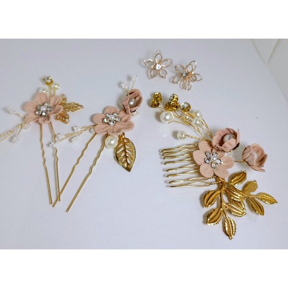 Pink Flower Wedding Hair Comb, Bridal Flower Hairpins rose gold colored earrings - Picture 5 of 5